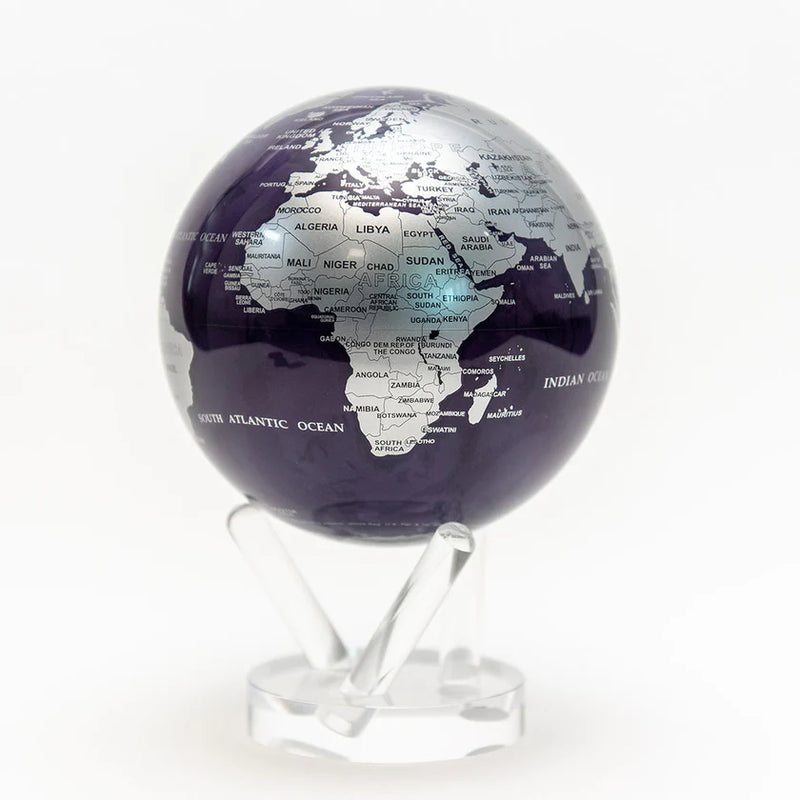 GLOBO TERRÁQUEO MORADO Y PLATA CON 6" BASE ACRÍLICA
