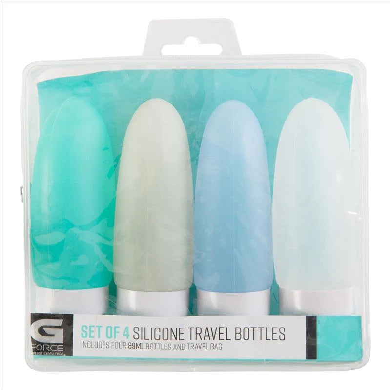 4 BOTELLAS DE VIAJE DE SILICONA DE 89 ML CON CREMALLERA Y COLGADOR DE BOLSA NEON