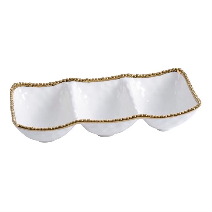 BANDEJA DE 3 SECCIONES 17.5 × 8.25 × 3.5 - BLANCO/DORADO BANDEJA DE 3 SECCIONES 17.5 × 8.25 × 3.5 - BLANCO/DORADO