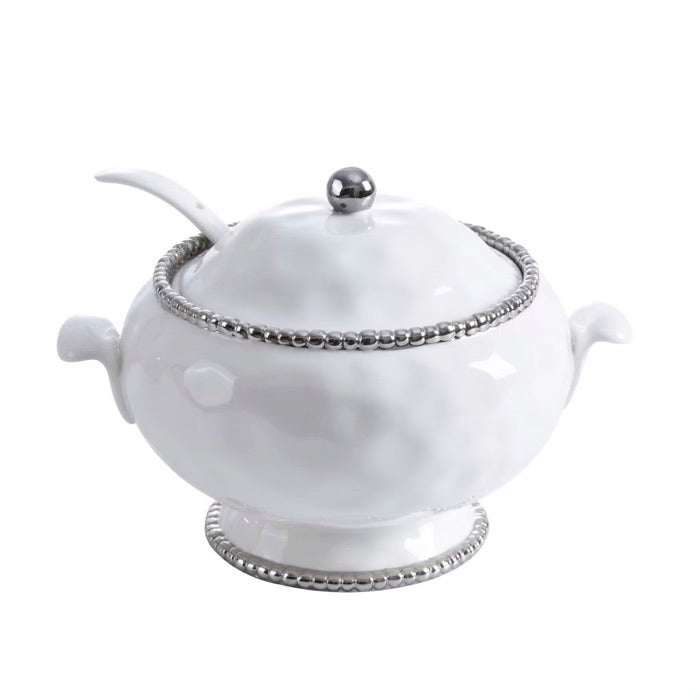 SOPERA CON TAPA Y CUCHARA - BLANCO/PLATA SOPERA CON TAPA Y CUCHARA - BLANCO/PLATA
