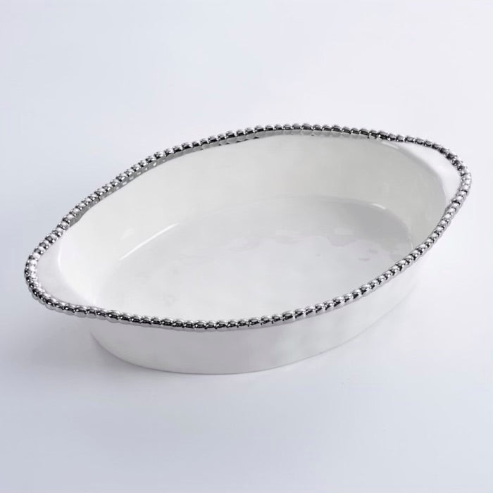 MOLDE PARA HORNEAR OVALADO 14 × 9 × 3-BLACO/PLATA MOLDE PARA HORNEAR OVALADO 14 × 9 × 3 - BLANCO/PLATA