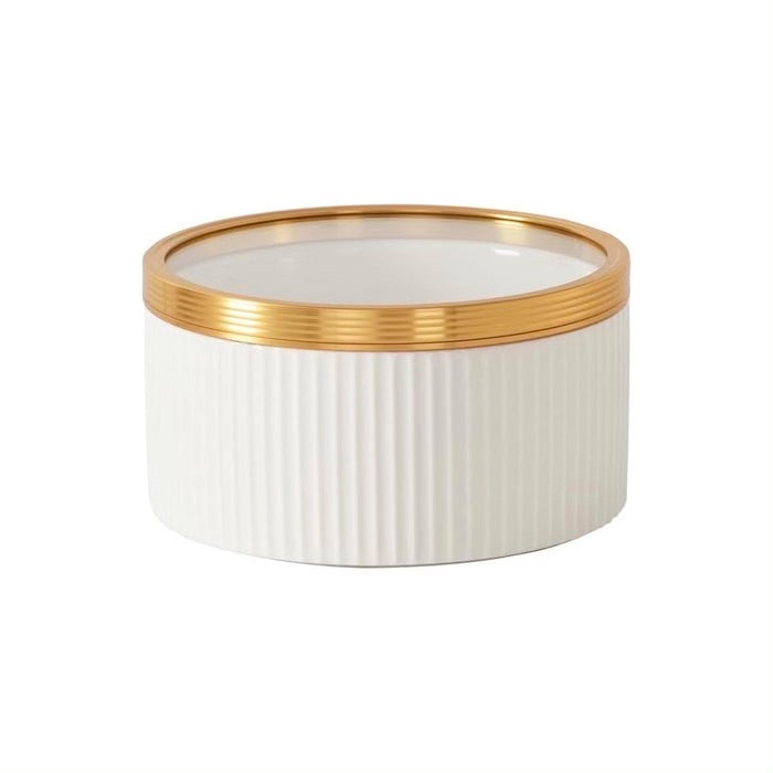 PAMPA BAY  RECIPIENTE APILABLE CON TAPA DE VIDRIO MEDIANO, BLANCO Y BORDE DORADO PAMPA BAY  RECIPIENTE APILABLE CON TAPA DE VIDRIO MEDIANO, BLANCO Y BORDE DORADO