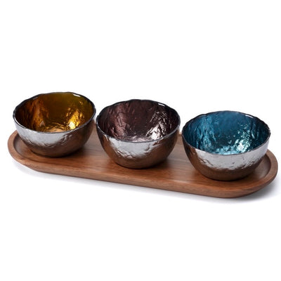 PAMPA BAY  SET DE 4PCS - CUENCOS DE CRISTAL 3 COLORES CON BANDEJA DE MADERA PAMPA BAY  SET DE 4PCS - CUENCOS DE CRISTAL 3 COLORES CON BANDEJA DE MADERA