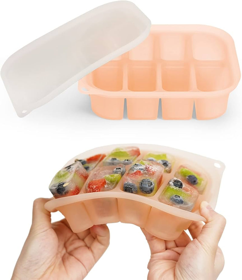 BANDEJA DE SILICONA PARA CONGELADOR ALIMENTOS PARA BEBES CON TAPA, 6 TAZAS - NARANJA PASTEL