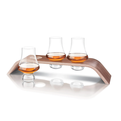 SET 3 VASOS PARA DEGUSTAR WISKEY CON SOPORTE DE MADERA