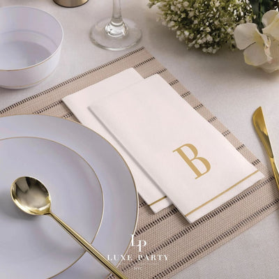 SET DE 14 SERVILLETAS DE PAPEL PARA INVITADOS LETRA B - BLANCAS Y DORADAS