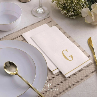 SET DE 14 SERVILLETAS DE PAPEL PARA INVITADOS LETRA G - BLANCAS Y DORADAS