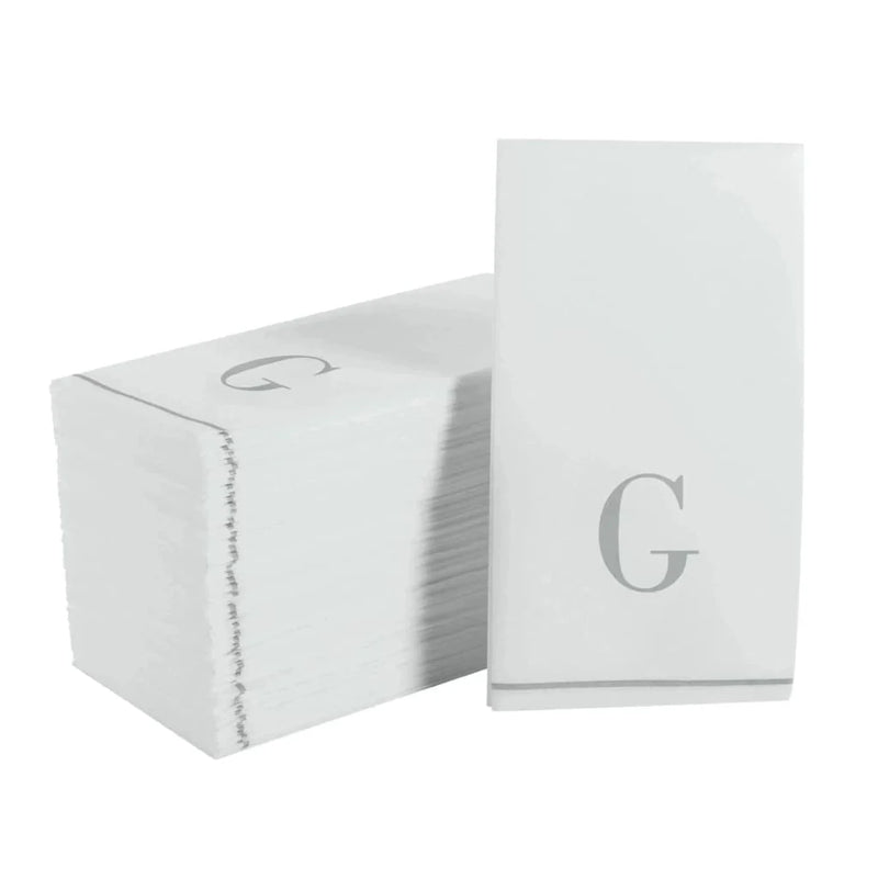 SET DE 14 SERVILLETAS DE PAPEL PARA INVITADOS LETRA G - BLANCAS Y PLATEADO