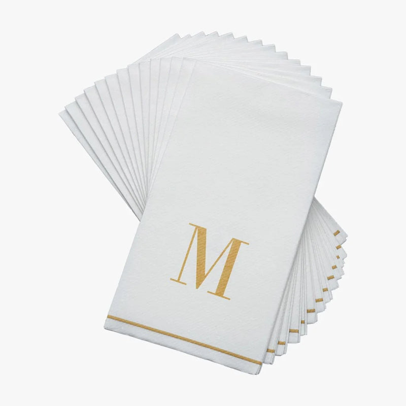 SET DE 14 SERVILLETAS DE PAPEL PARA INVITADOS LETRA M - BLANCAS Y DORADAS